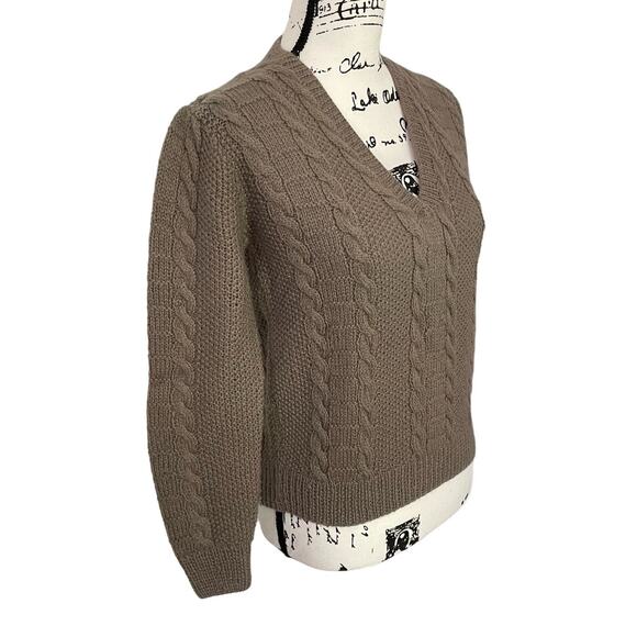 Brooks Brothers Chunky Cable Knit Sweater 100% Wool Taupe V Neck Women S Vintage - Picture 3 of 10
